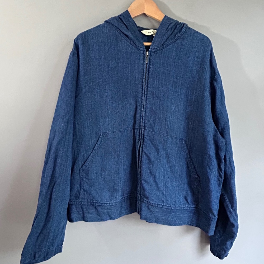Eddie Bauer Womens XL Blue 100% Linen Full Zip Hoodie Jacket‎ 0393 Indigo Pocket